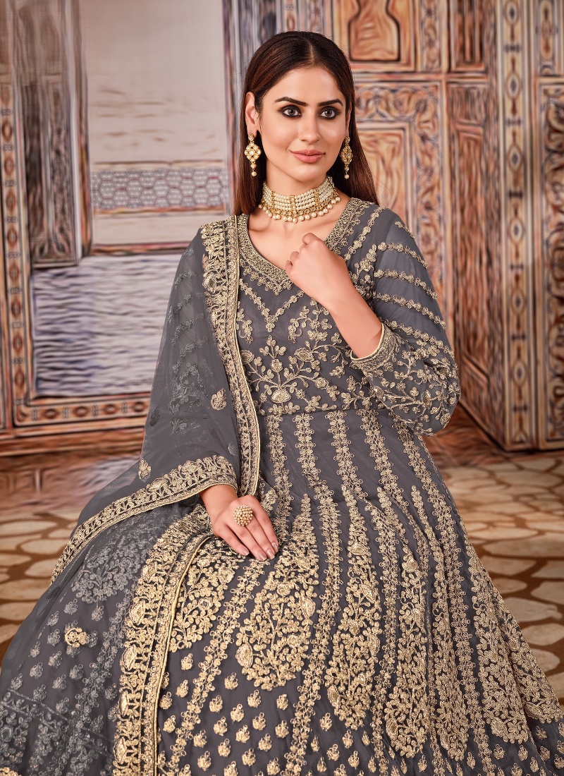 Grey Net Zari Embroidered Wedding Salwar Kameez