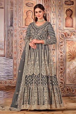 Grey Net Zari Embroidered Wedding Salwar Kameez