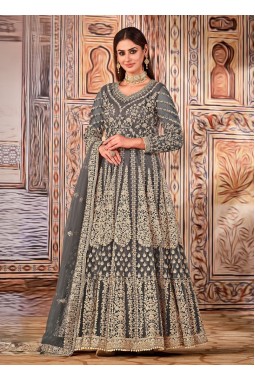 Grey Net Zari Embroidered Wedding Salwar Kameez