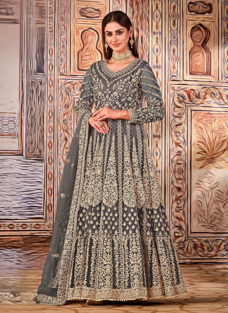 Grey Net Zari Embroidered Wedding Salwar Kameez