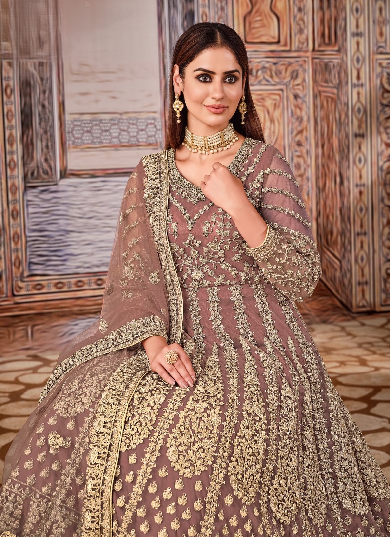 Beige Net Stone Work Wedding Salwar Kameez 