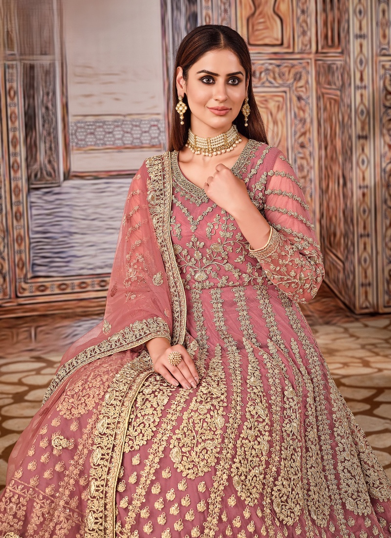 Pink Net Zari Embroidered Wedding Salwar Kameez