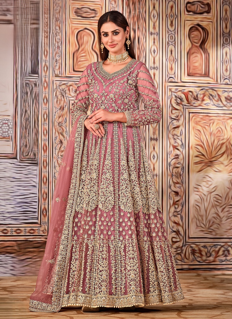 Pink Net Zari Embroidered Wedding Salwar Kameez