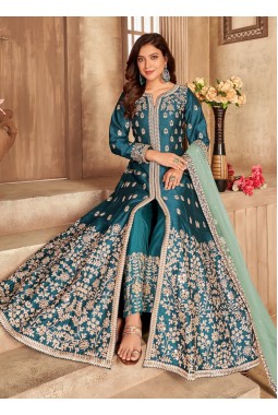 Blue Art Silk Mirror Embroidered Wedding Salwar Kameez