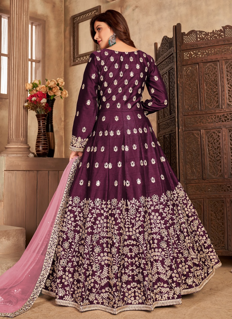 Wine Art Silk Stone Work Wedding Salwar Kameez