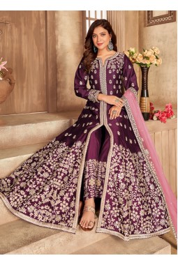 Wine Art Silk Stone Work Wedding Salwar Kameez