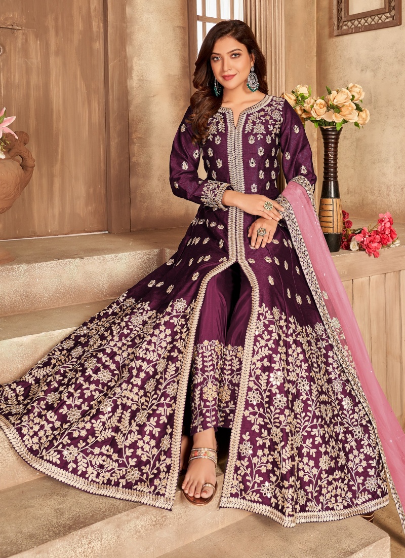 Wine Art Silk Stone Work Wedding Salwar Kameez