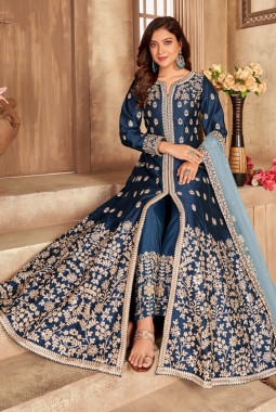 Navy Blue Art Silk Embroidered Wedding Salwar Kameez