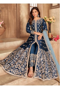Navy Blue Art Silk Embroidered Wedding Salwar Kameez