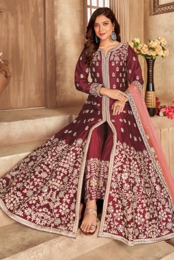 Maroon Art Silk Mirror Work Wedding Salwar Kameez