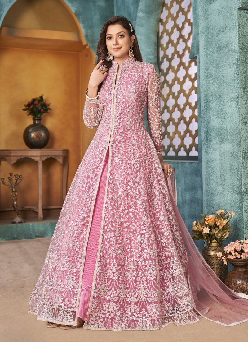 Pink Net Sequins Wedding Salwar Kameez