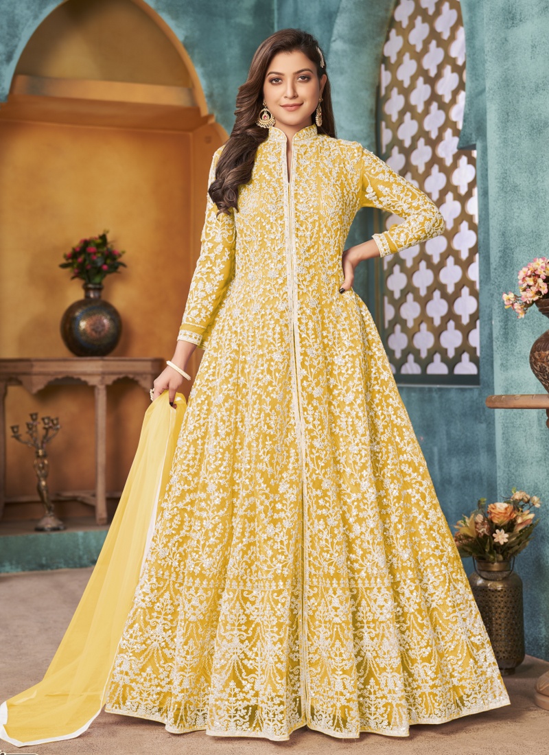 Yellow Net Embroidered Wedding Salwar Kameez