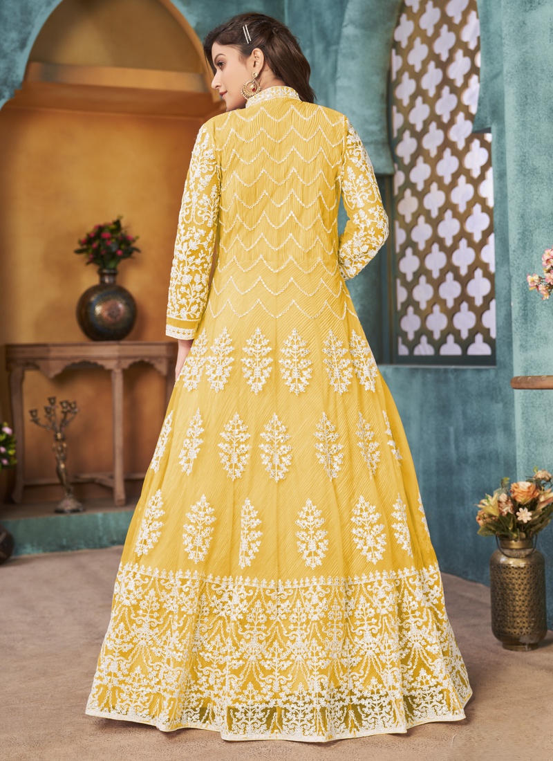 Yellow Net Embroidered Wedding Salwar Kameez