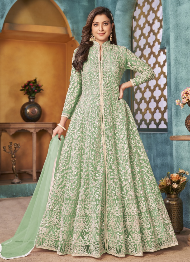 Sea Green Net Sequins Embroidered Wedding Salwar Kameez