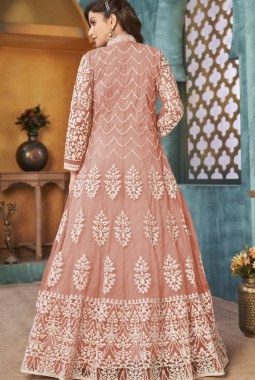 Peach Net Sequins Wedding Salwar Kameez