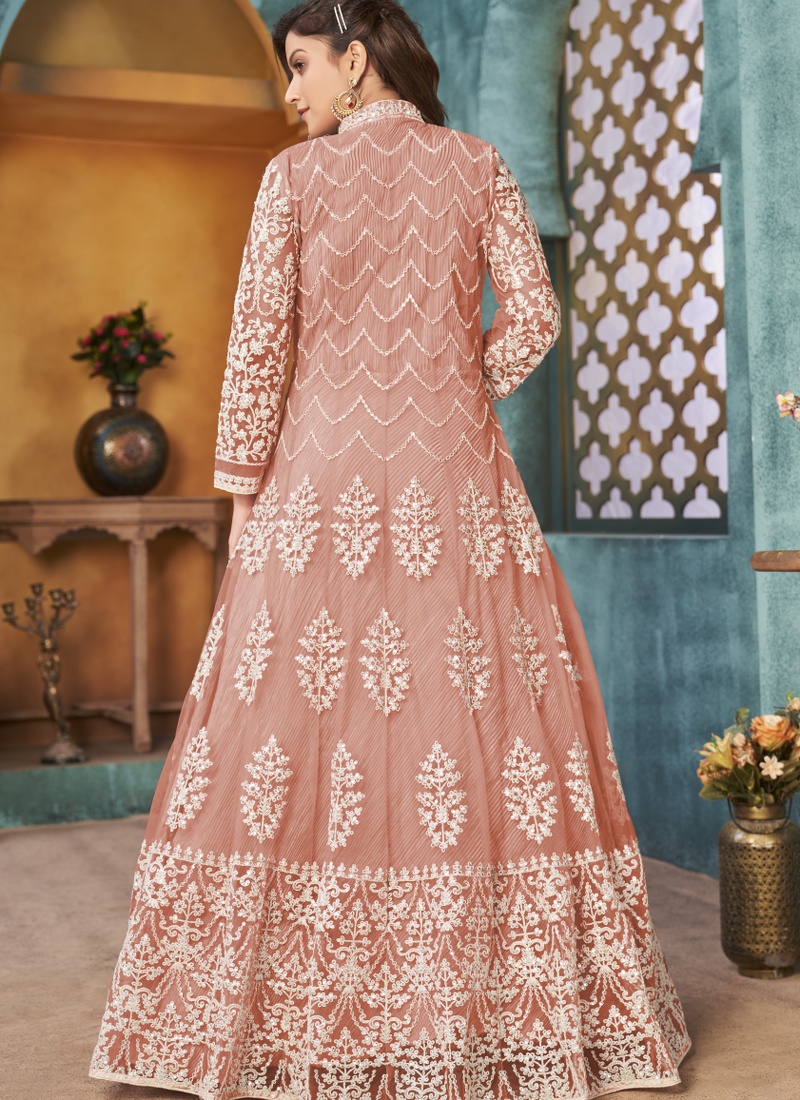 Peach Net Sequins Wedding Salwar Kameez