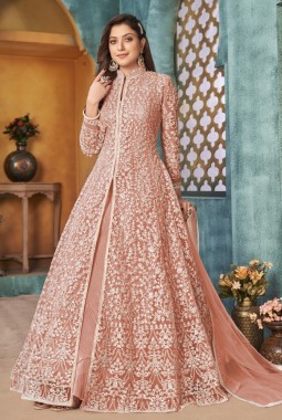 Peach Net Sequins Wedding Salwar Kameez