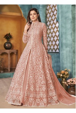 Peach Net Sequins Wedding Salwar Kameez