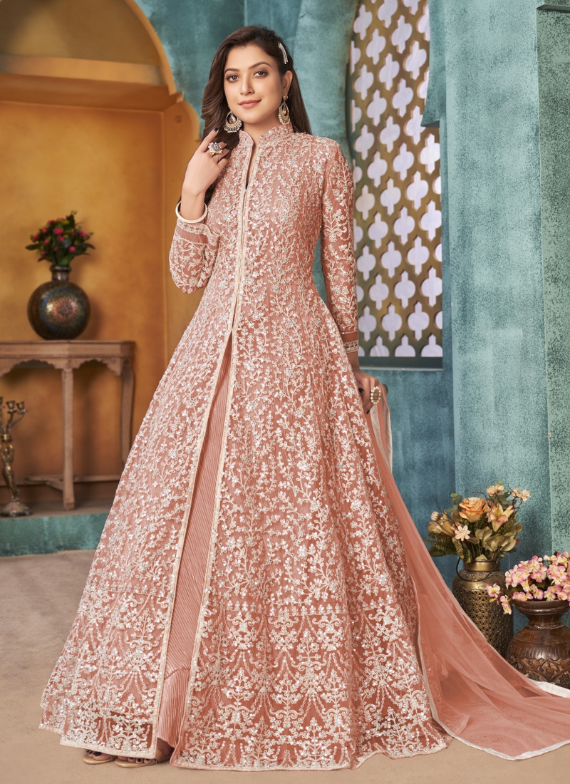 Peach Net Sequins Wedding Salwar Kameez