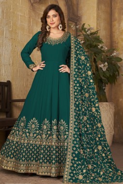 Teal Faux Georgette Stone Work Wedding Salwar Kameez