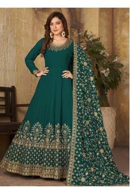 Teal Faux Georgette Stone Work Wedding Salwar Kameez