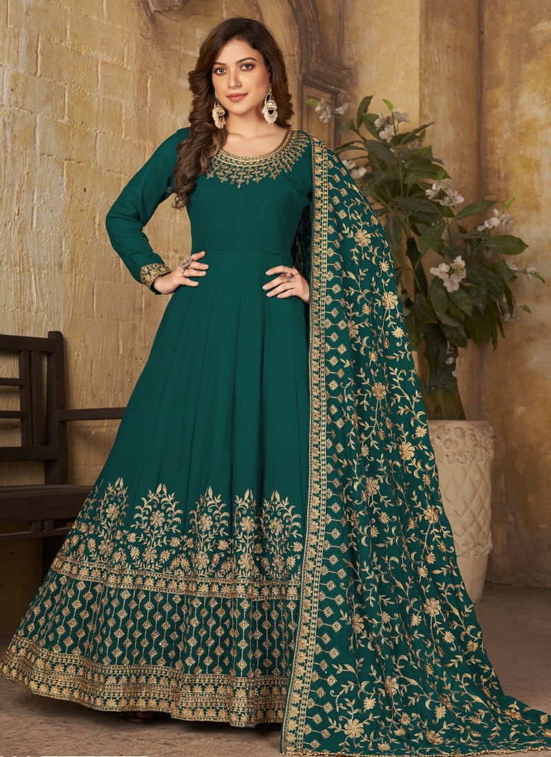 Teal Faux Georgette Stone Work Wedding Salwar Kameez