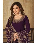 Wine Faux Georgette Embroidered Wedding Salwar Kameez