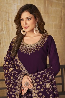 Wine Faux Georgette Embroidered Wedding Salwar Kameez