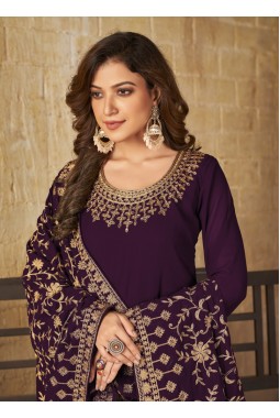 Wine Faux Georgette Embroidered Wedding Salwar Kameez