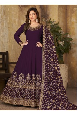 Wine Faux Georgette Embroidered Wedding Salwar Kameez