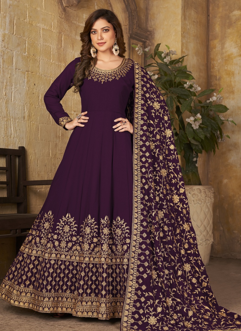 Wine Faux Georgette Embroidered Wedding Salwar Kameez