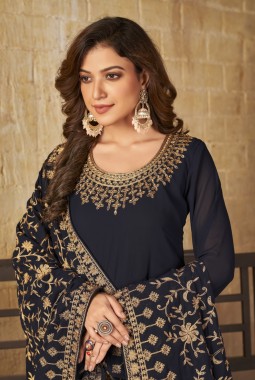 Navy Blue Faux Georgette Stone Embroidered Wedding Salwar Kameez