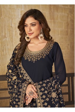 Navy Blue Faux Georgette Stone Embroidered Wedding Salwar Kameez