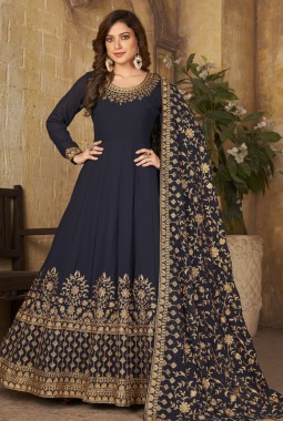 Navy Blue Faux Georgette Stone Embroidered Wedding Salwar Kameez