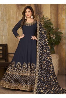 Navy Blue Faux Georgette Stone Embroidered Wedding Salwar Kameez