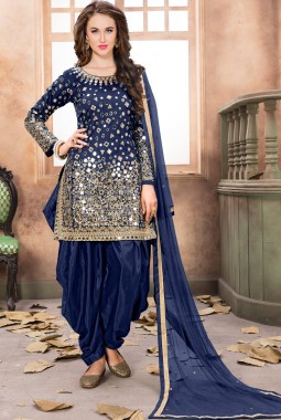 Royal Blue Tafeta Silk Mirror Embroidered Wedding Salwar Kameez