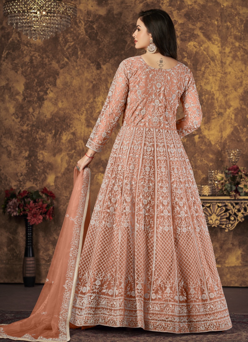 Peach Net Embroidered Wedding Salwar Kameez