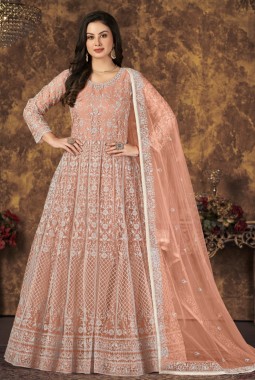 Peach Net Embroidered Wedding Salwar Kameez