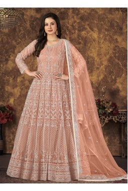 Peach Net Embroidered Wedding Salwar Kameez