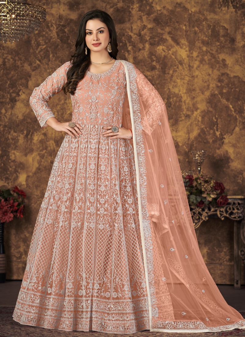 Peach Net Embroidered Wedding Salwar Kameez