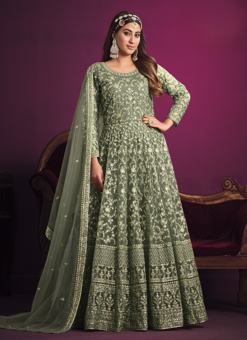 Sea Green Net Sequins Wedding Salwar Kameez