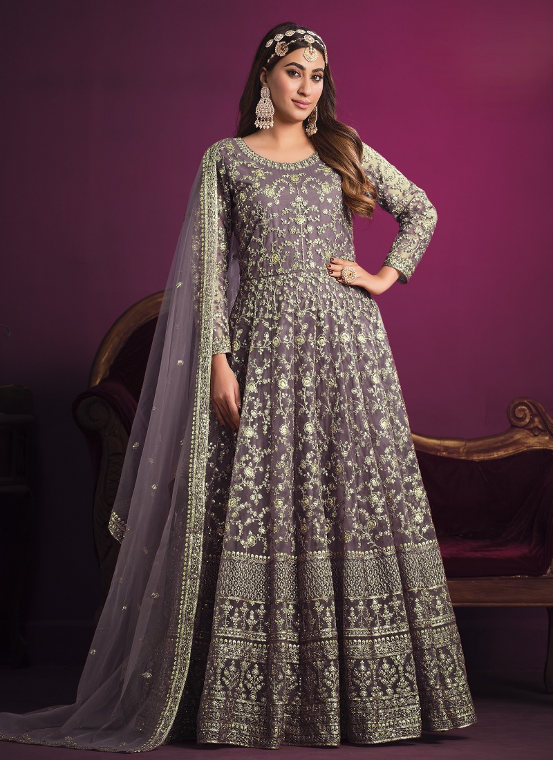 Lavender Net Sequins Embroidered Wedding Salwar Kameez