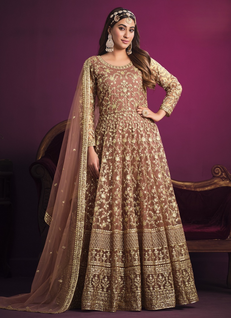 Peach Net Embroidered Wedding Salwar Kameez