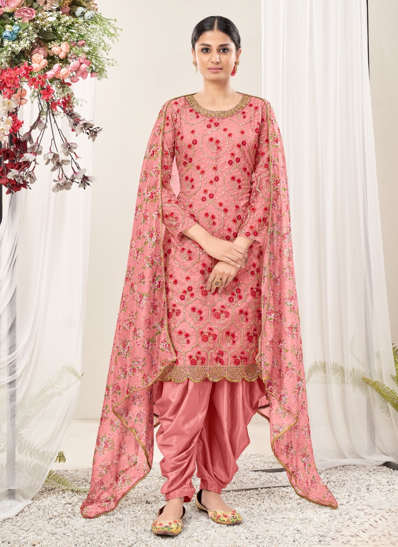 Peach Net Stone Embroidered Festival Wear Salwar Kameez