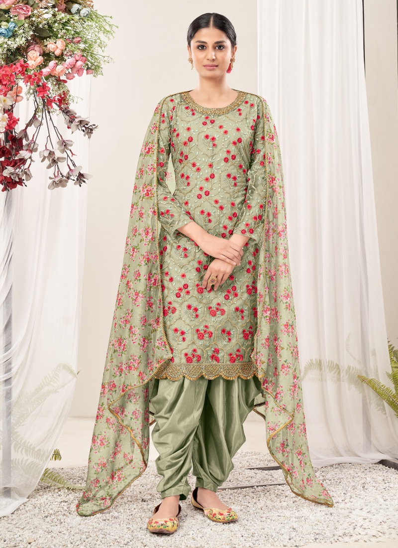 Pista Green Net Sequins Embroidered Festival Wear Salwar Kameez