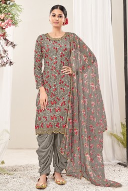 Grey Net Embroidered Festival Wear Salwar Kameez