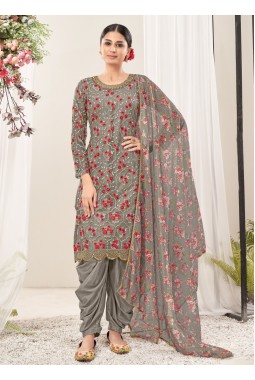 Grey Net Embroidered Festival Wear Salwar Kameez