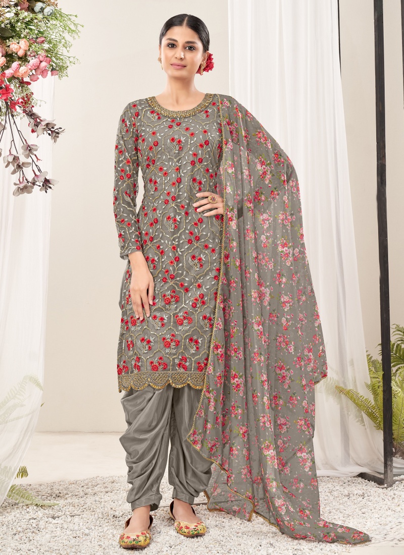 Grey Net Embroidered Festival Wear Salwar Kameez