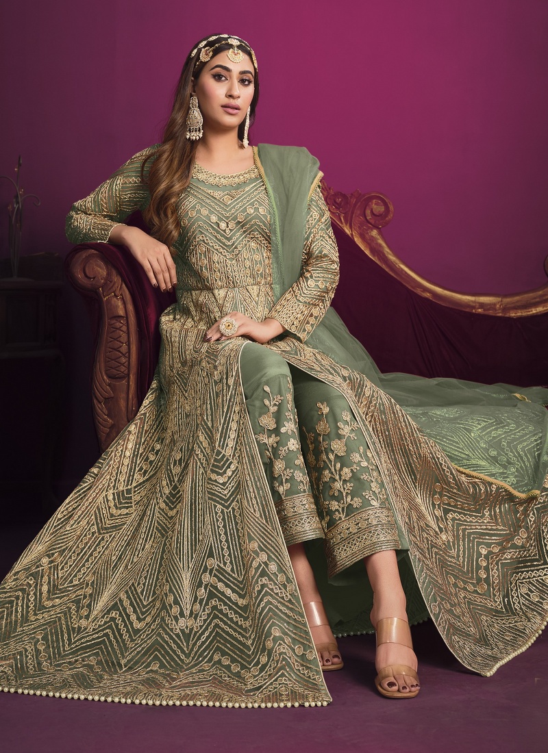 Sea Green Net Embroidered Wedding Salwar Kameez