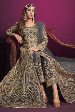 Grey Net Zari Embroidered Wedding Salwar Kameez